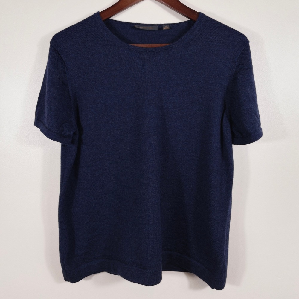 Amber Sun 100% Merino Wool Navy Blue Knit Sweater Womens Size L Capsule Luxury
